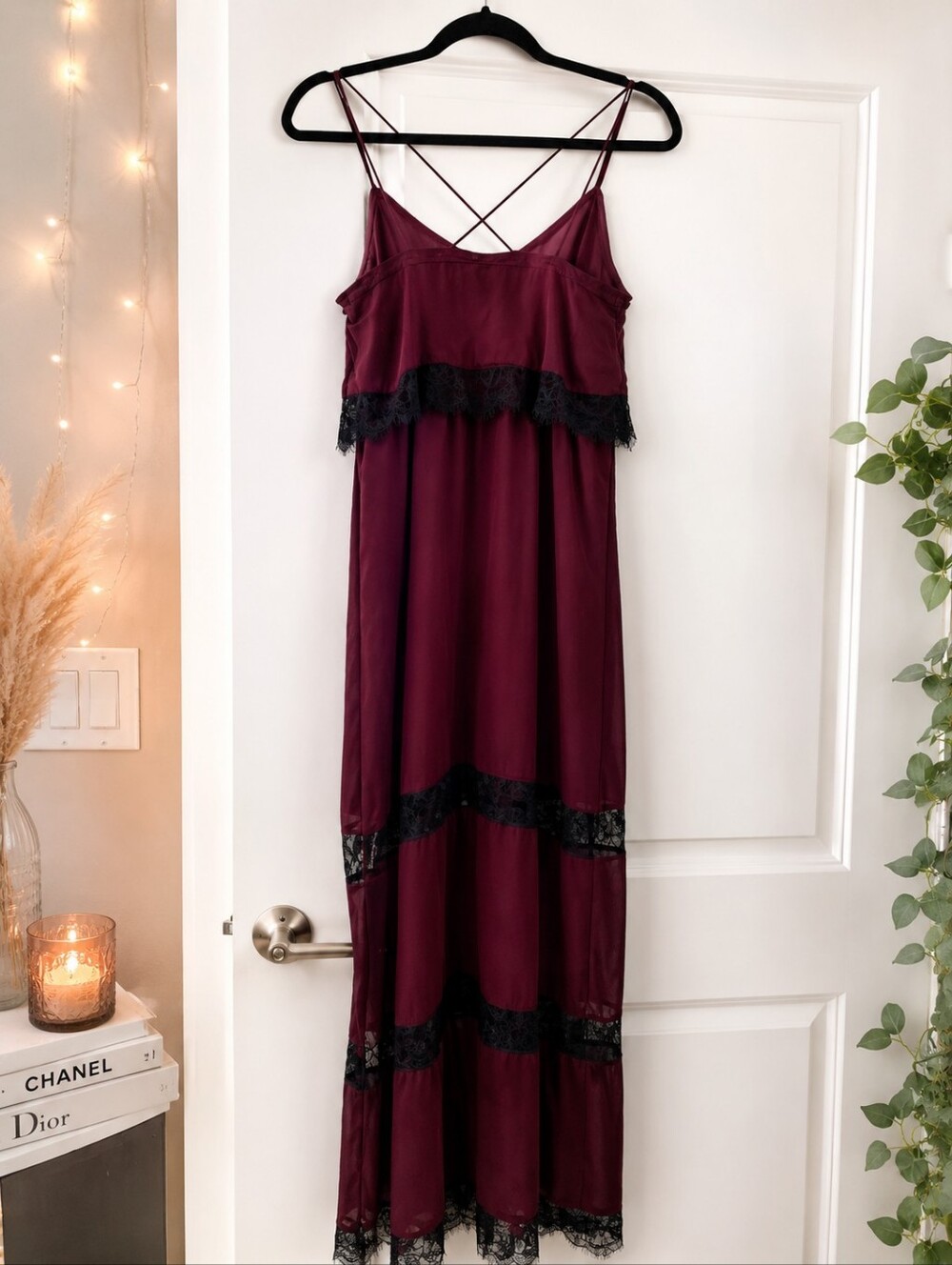 H&M Burgundy Dark Coquette Lace Tiered Maxi Sheer Witchy Slip Dress Size 6